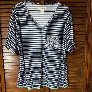 Sag Harbor Women's V Neck Top - Lace Trim, Colorful Striped Shirt - Plus Size 3X